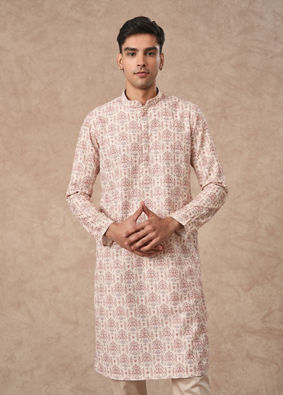 Manyavar Men Cream Blended Cotton Kurta Pajama with Print