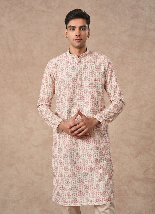 Manyavar Men Cream Blended Cotton Kurta Pajama with Print