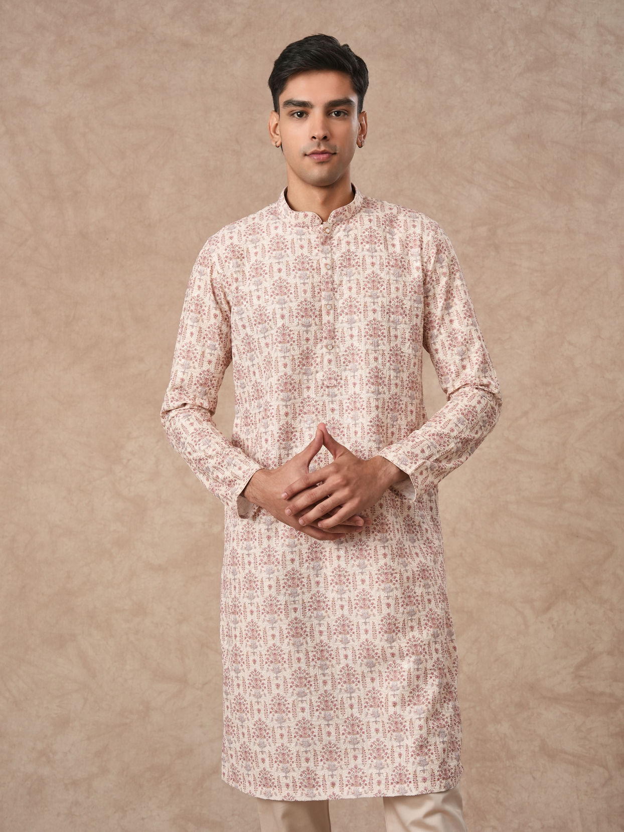 Manyavar Men Cream Blended Cotton Kurta Pajama with Print