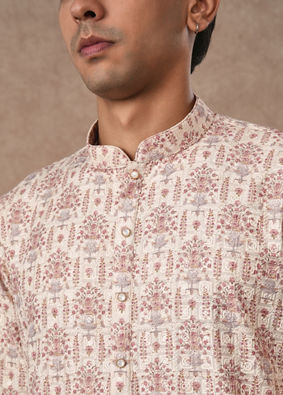 Manyavar Men Cream Blended Cotton Kurta Pajama with Print