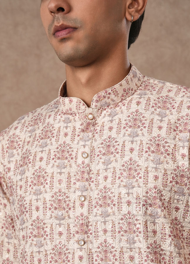 Manyavar Men Cream Blended Cotton Kurta Pajama with Print