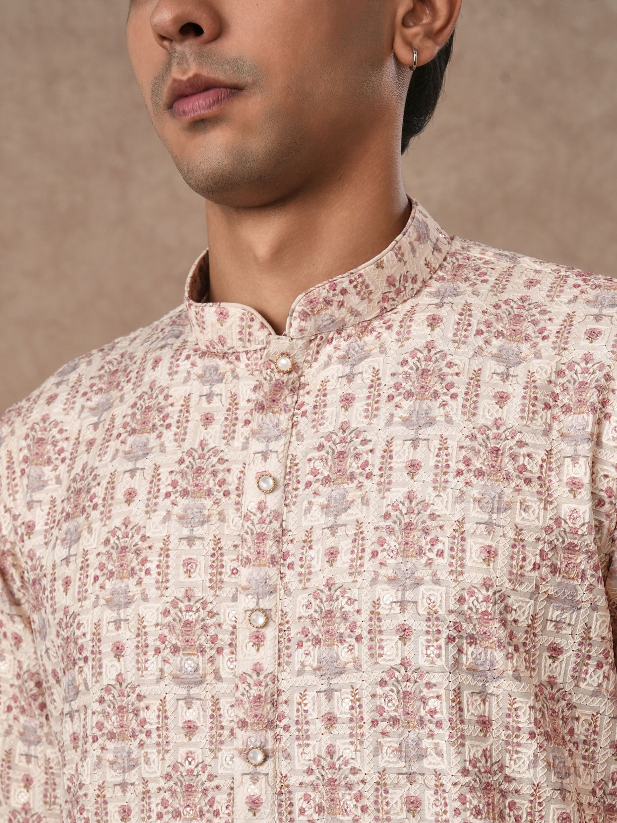 Manyavar Men Cream Blended Cotton Kurta Pajama with Print