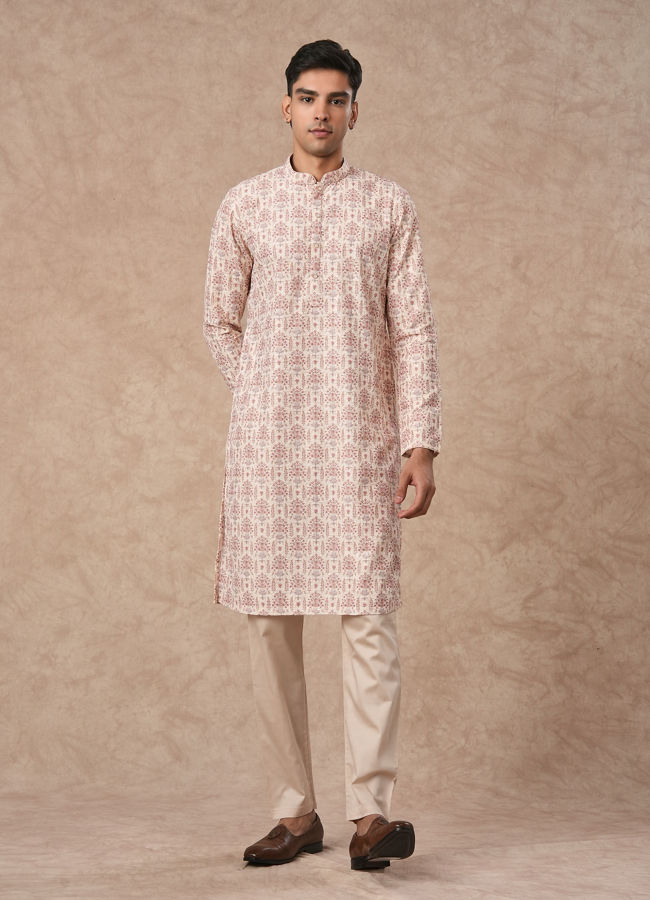 Manyavar Men Cream Blended Cotton Kurta Pajama with Print