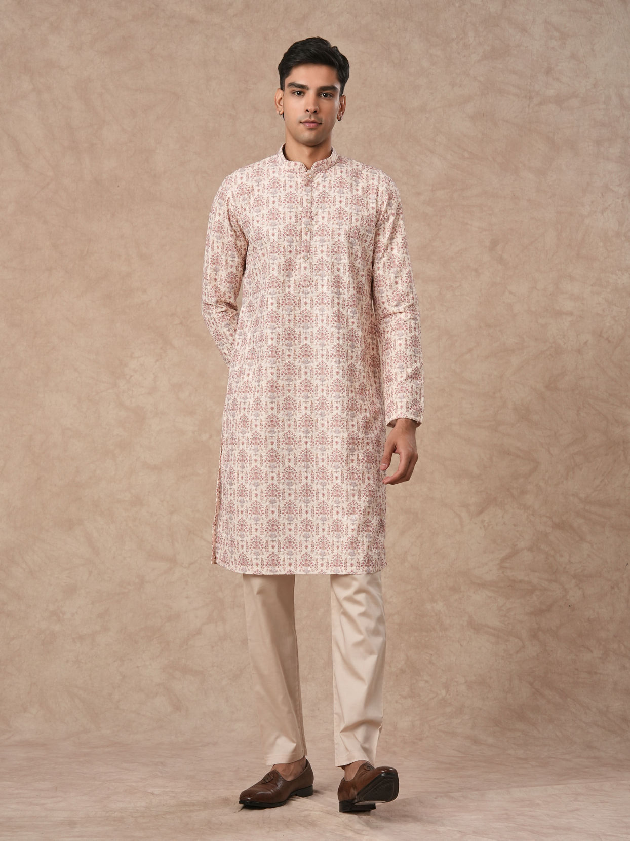 Manyavar Men Cream Blended Cotton Kurta Pajama with Print