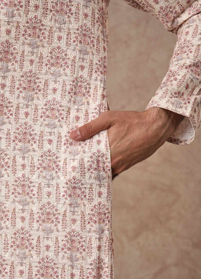 Manyavar Men Cream Blended Cotton Kurta Pajama with Print