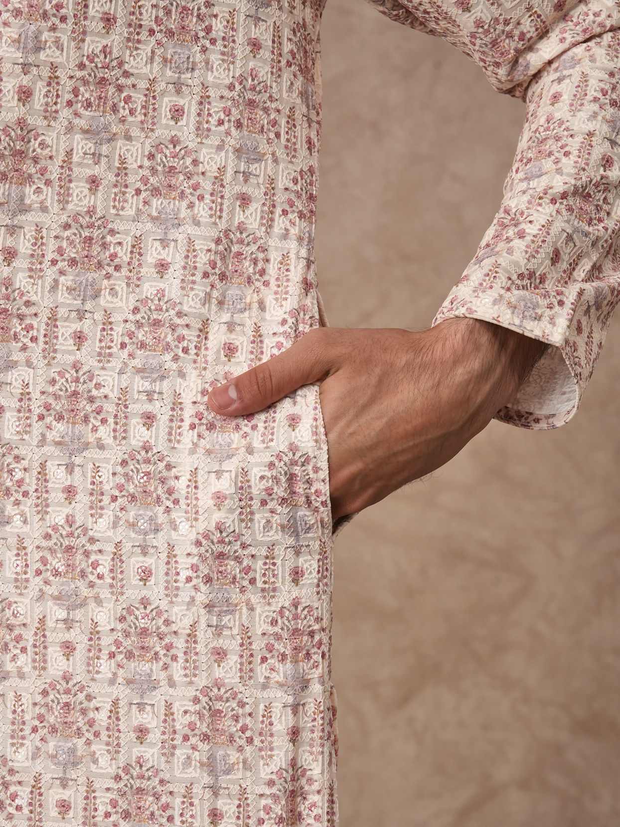Manyavar Men Cream Blended Cotton Kurta Pajama with Print