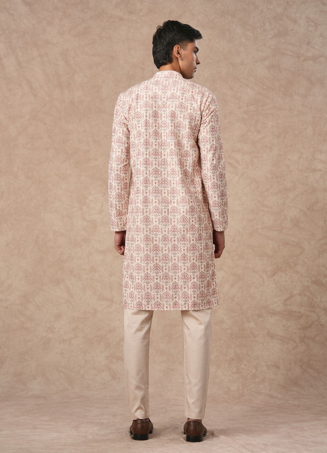 Manyavar Men Cream Blended Cotton Kurta Pajama with Print