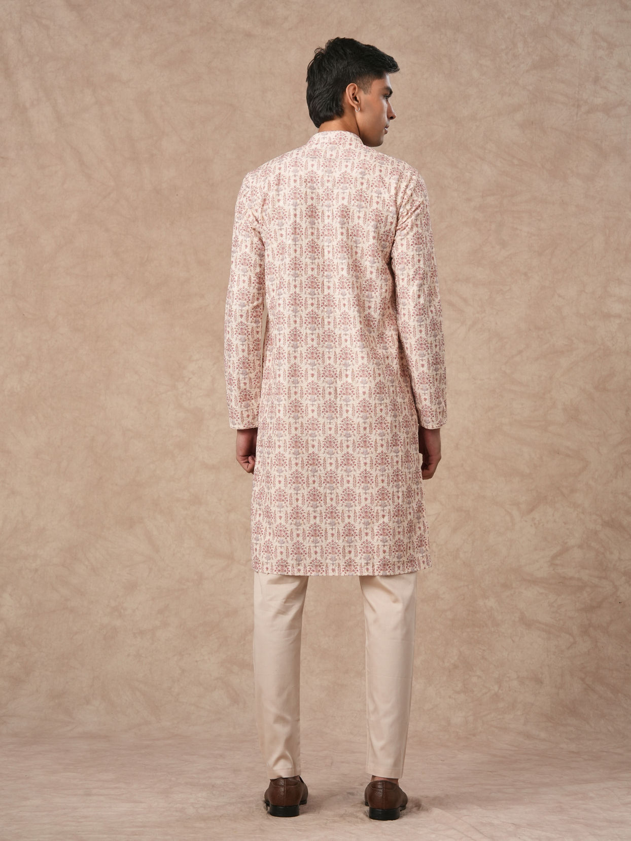 Manyavar Men Cream Blended Cotton Kurta Pajama with Print