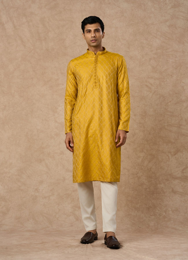 Manyavar Men Mustard Blended Viscose Kurta Pajama