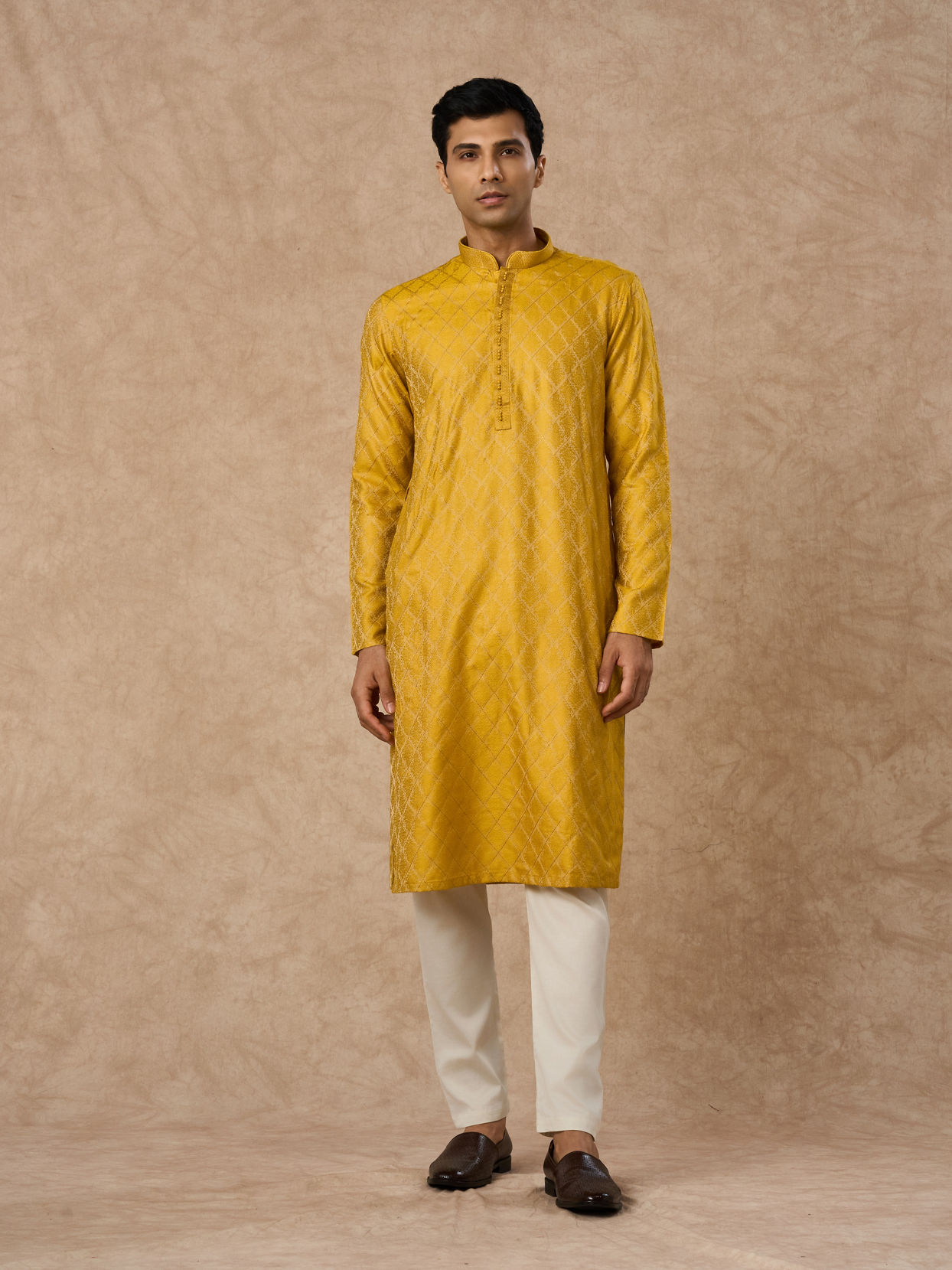 Manyavar Men Mustard Blended Viscose Kurta Pajama