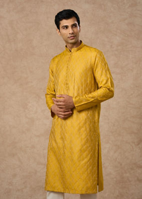 Manyavar Men Mustard Blended Viscose Kurta Pajama
