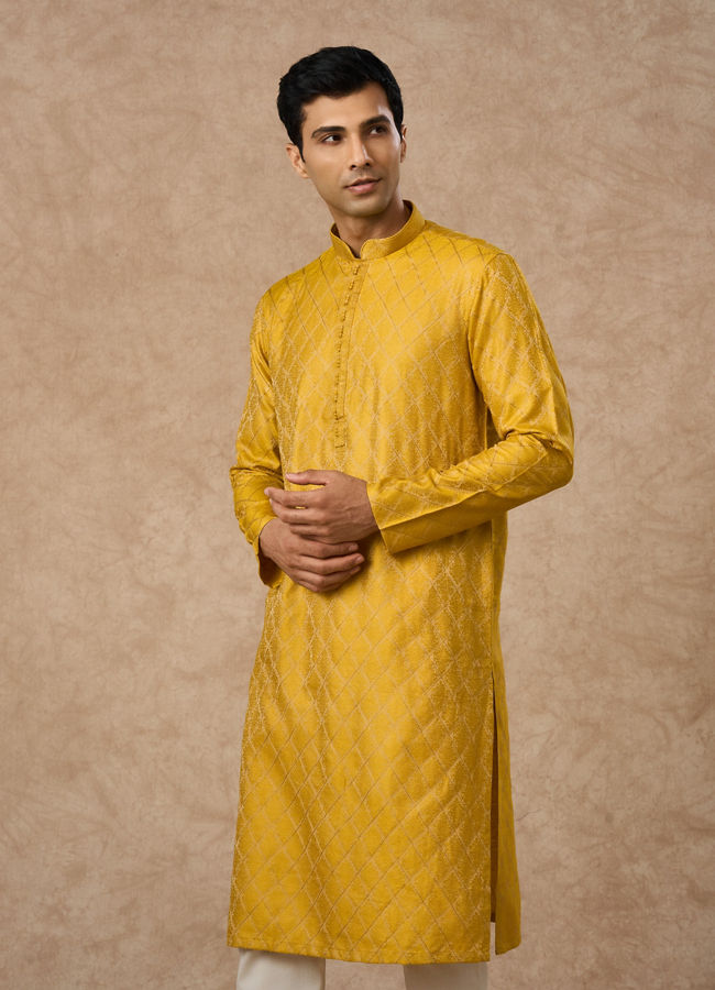 Manyavar Men Mustard Blended Viscose Kurta Pajama