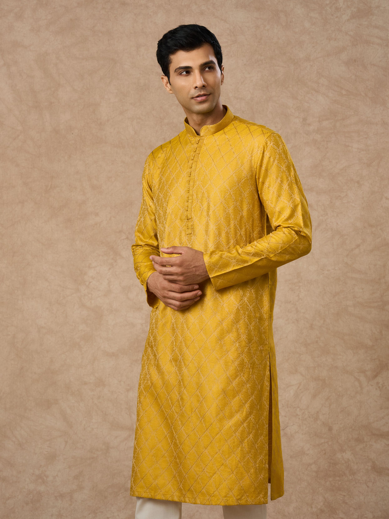 Manyavar Men Mustard Blended Viscose Kurta Pajama