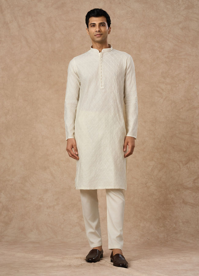 Manyavar Men Cream Blended Viscose Kurta Pajama with Textured Design