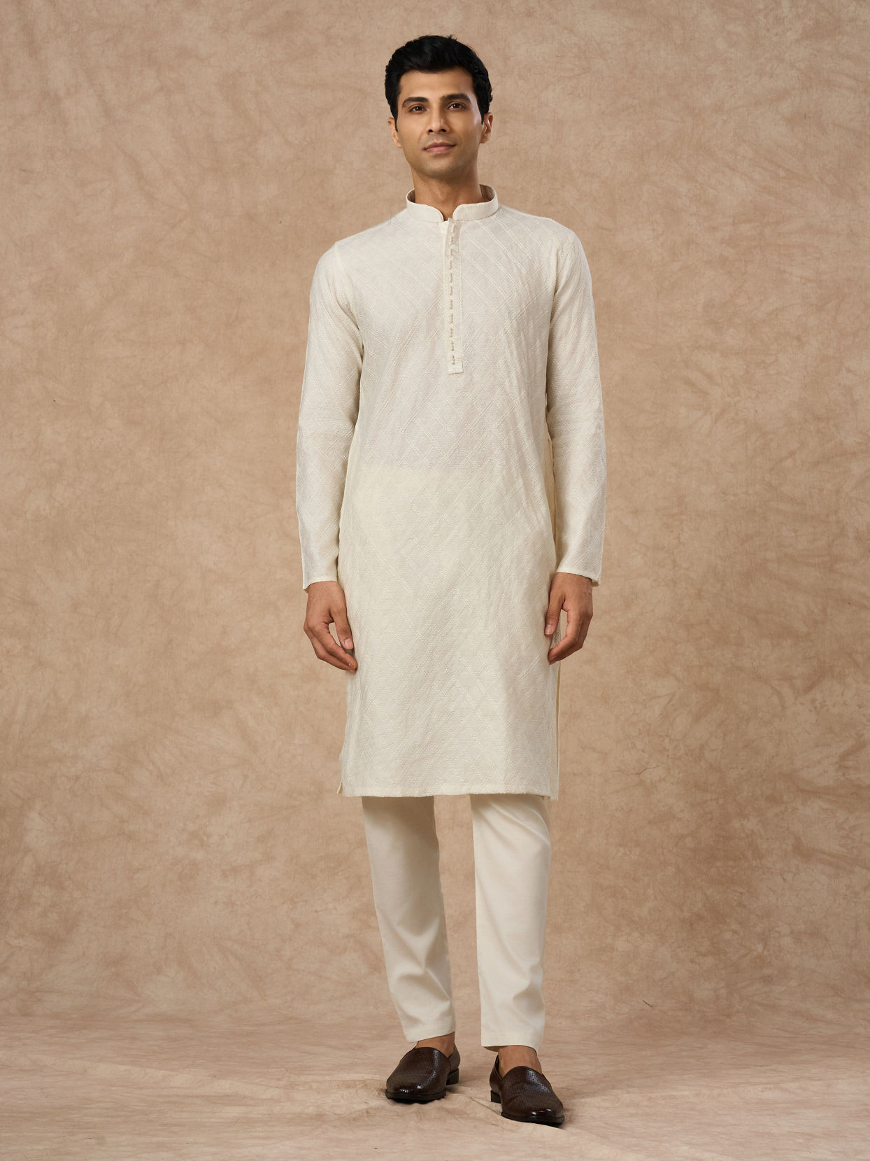 Manyavar Men Cream Blended Viscose Kurta Pajama with Textured Design