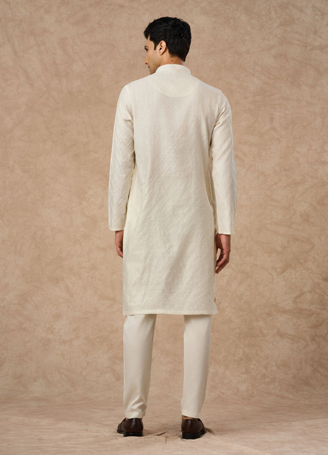 Manyavar Men Cream Blended Viscose Kurta Pajama with Textured Design