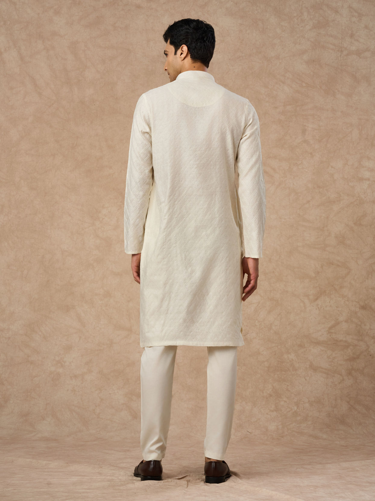 Manyavar Men Cream Blended Viscose Kurta Pajama with Textured Design