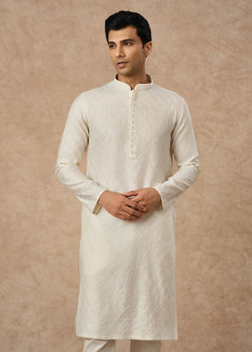 Manyavar Men Cream Blended Viscose Kurta Pajama with Textured Design