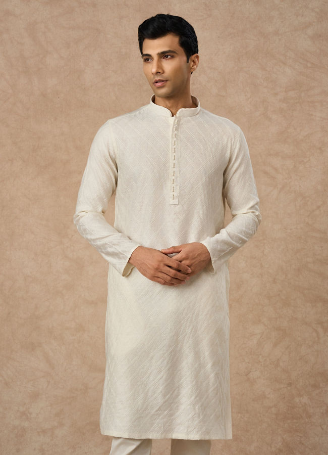 Manyavar Men Cream Blended Viscose Kurta Pajama with Textured Design