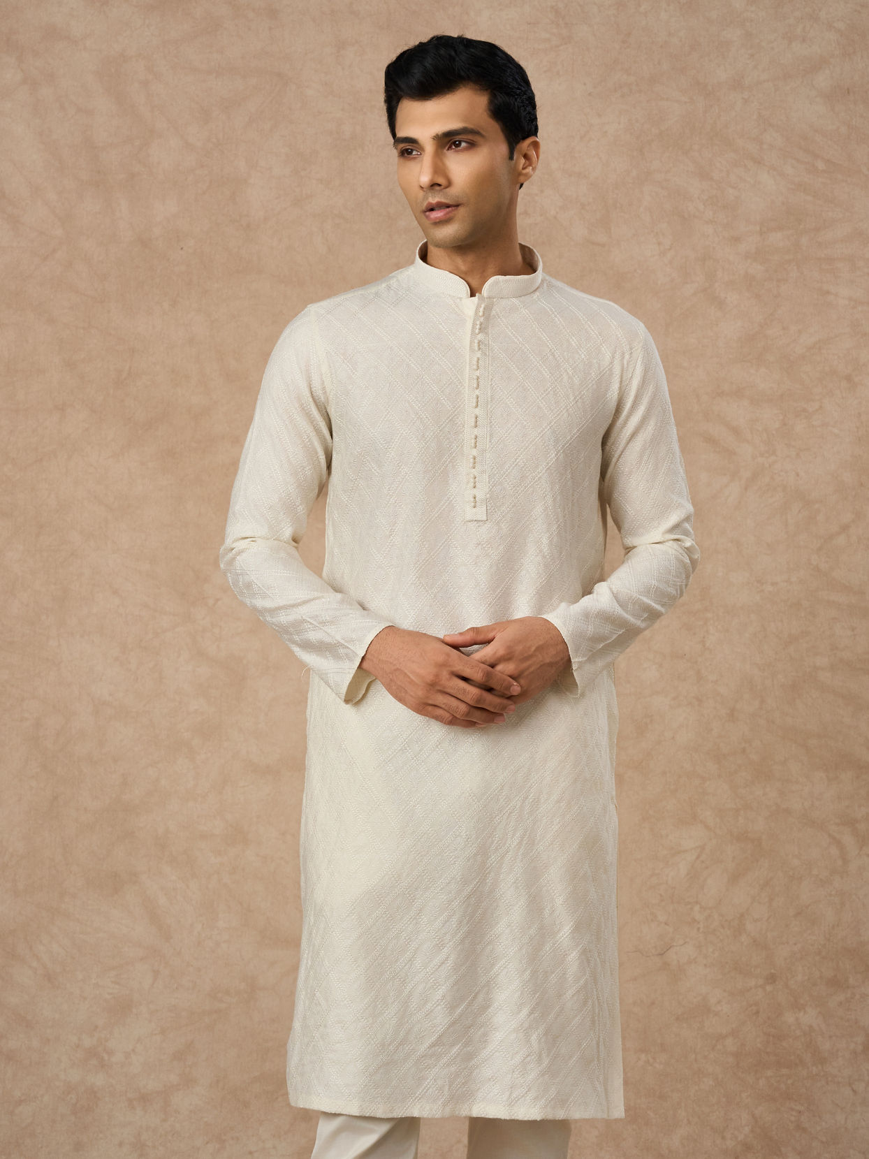 Manyavar Men Cream Blended Viscose Kurta Pajama with Textured Design