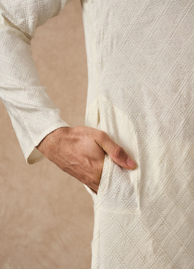 Manyavar Men Cream Blended Viscose Kurta Pajama with Textured Design
