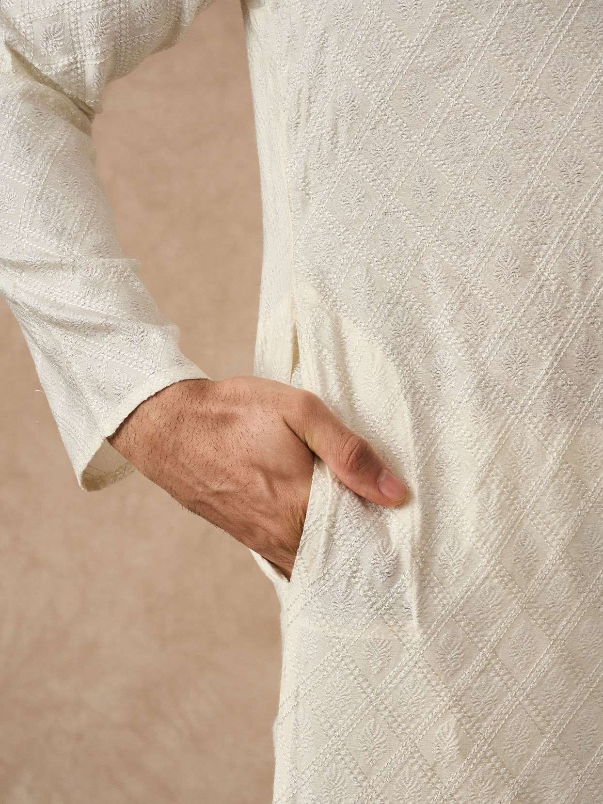Manyavar Men Cream Blended Viscose Kurta Pajama with Textured Design