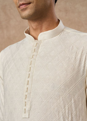 Manyavar Men Cream Blended Viscose Kurta Pajama with Textured Design