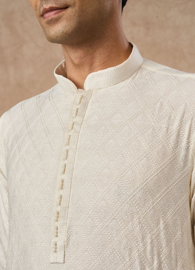 Manyavar Men Cream Blended Viscose Kurta Pajama with Textured Design