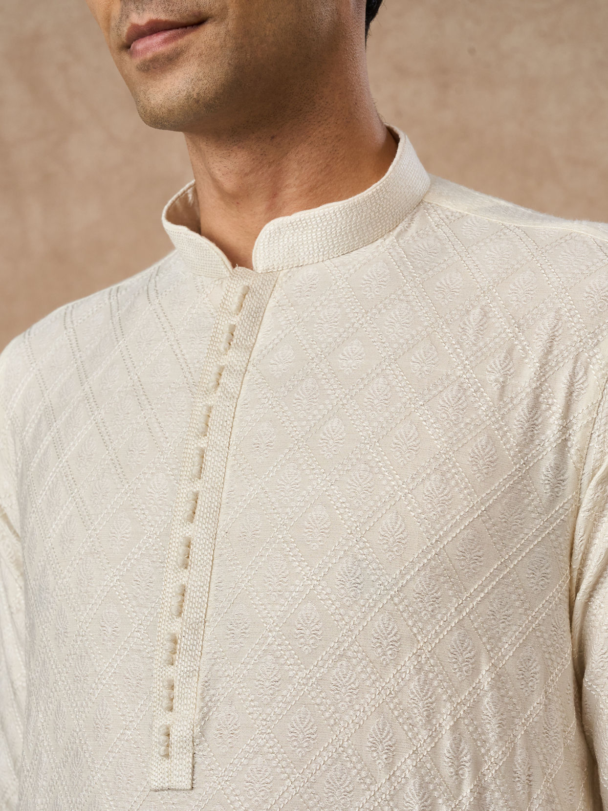 Manyavar Men Cream Blended Viscose Kurta Pajama with Textured Design