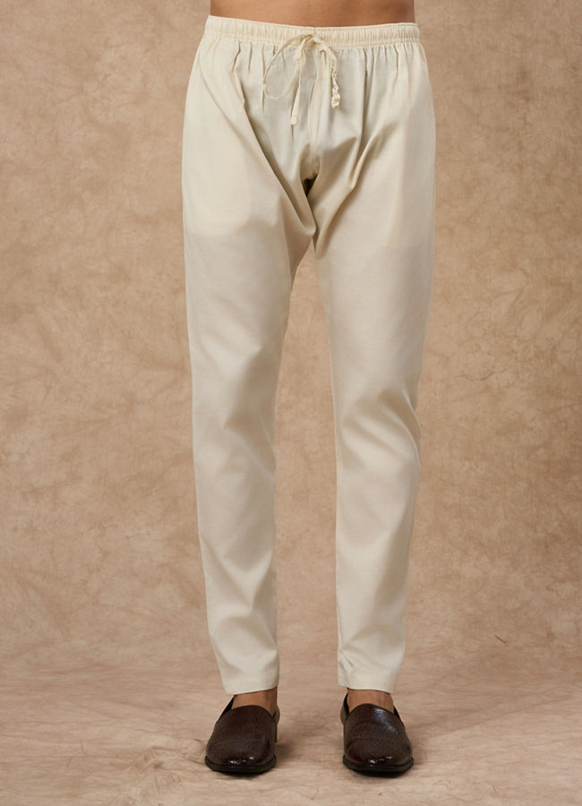 Manyavar Men Cream Blended Viscose Kurta Pajama with Textured Design