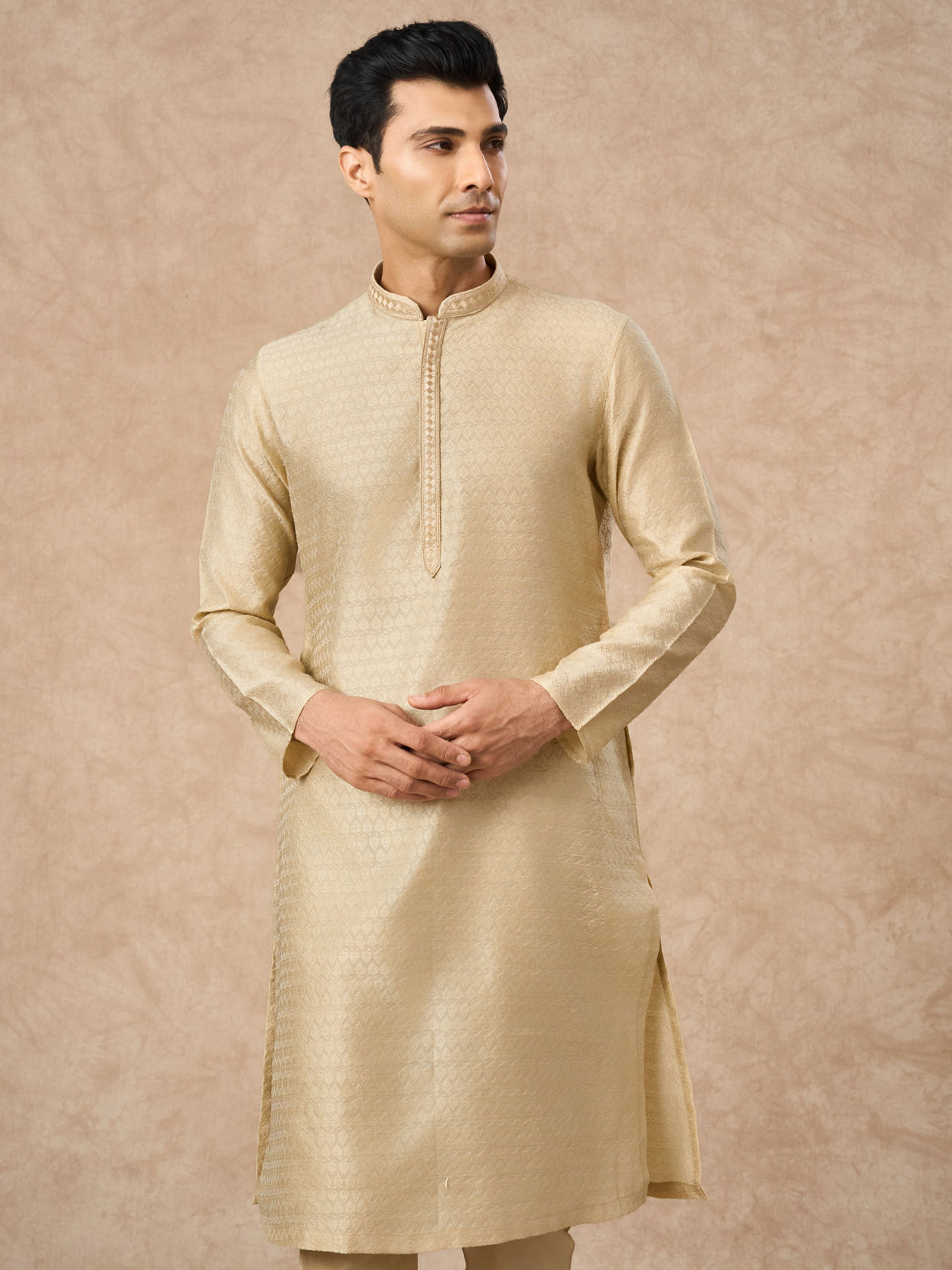 Manyavar Men Beige Art Silk Kurta Pajama