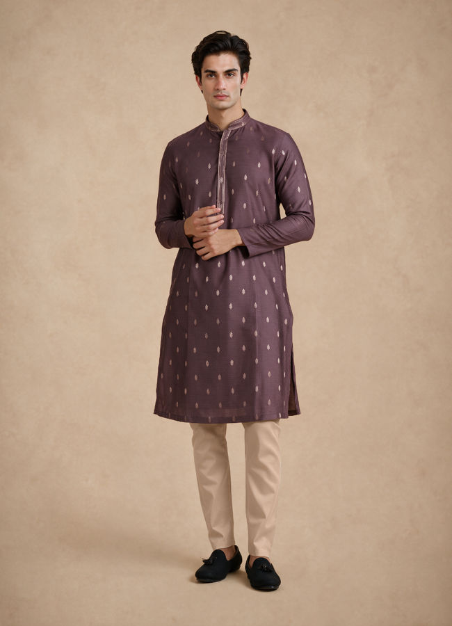 Manyavar Men Purple Self-Textured Blended Viscose Kurta Pajama Set