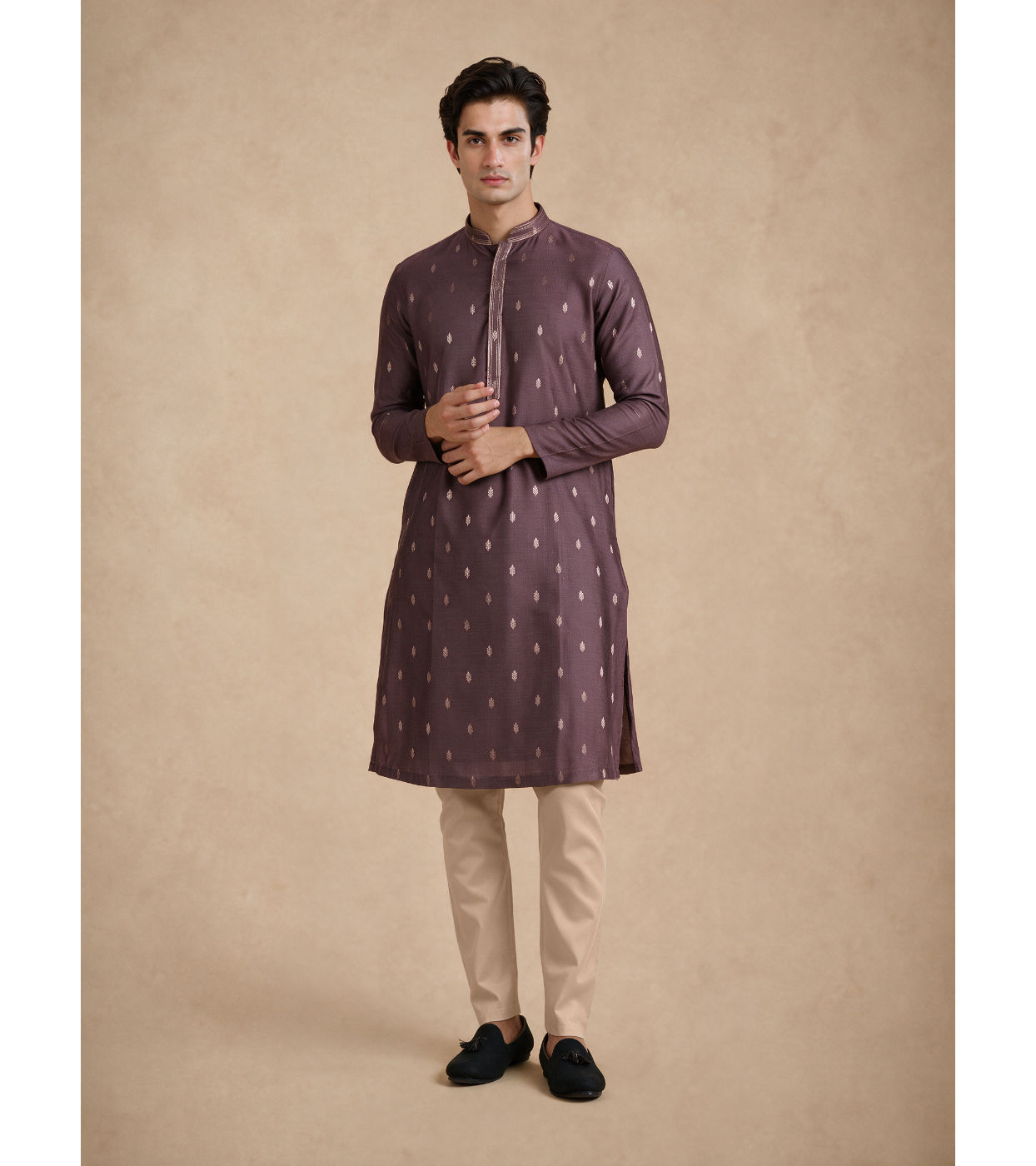 Manyavar Men Purple Self-Textured Blended Viscose Kurta Pajama Set