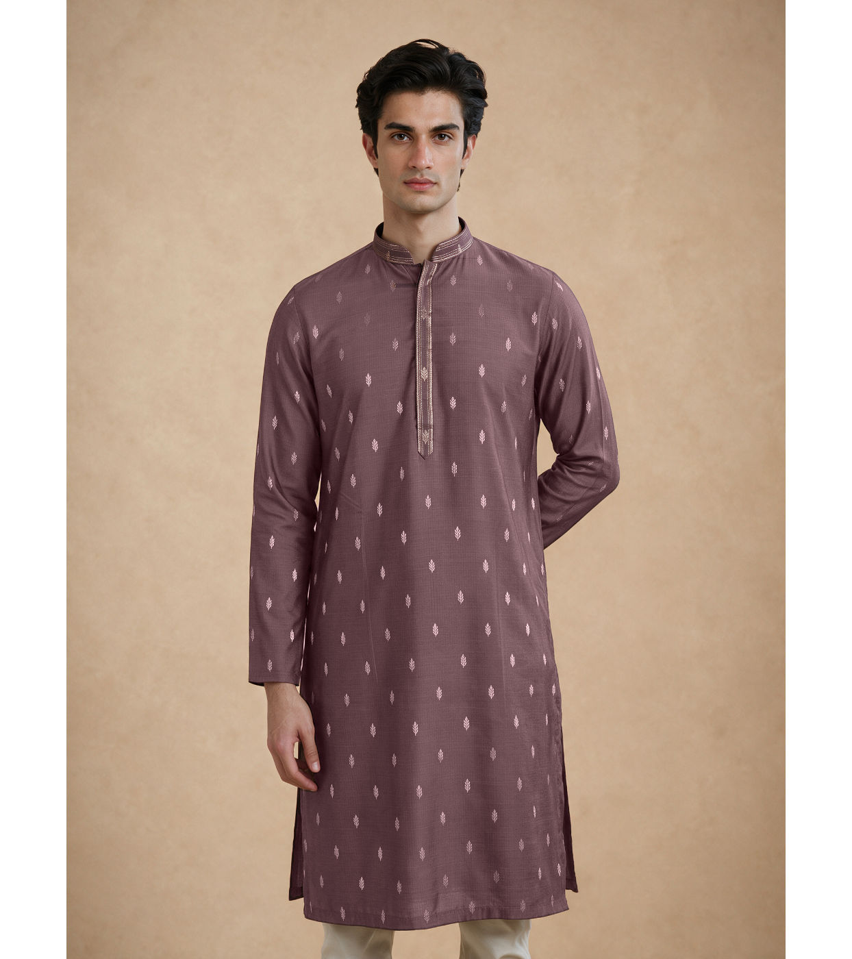 Manyavar Men Purple Self-Textured Blended Viscose Kurta Pajama Set
