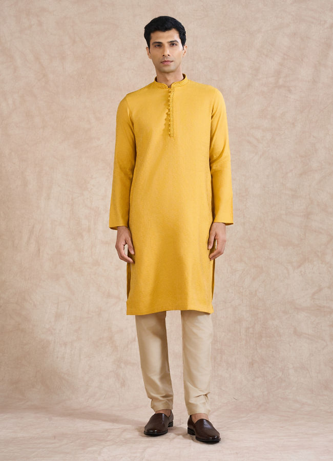 Manyavar Men Mustard Blended Viscose Kurta Pajama
