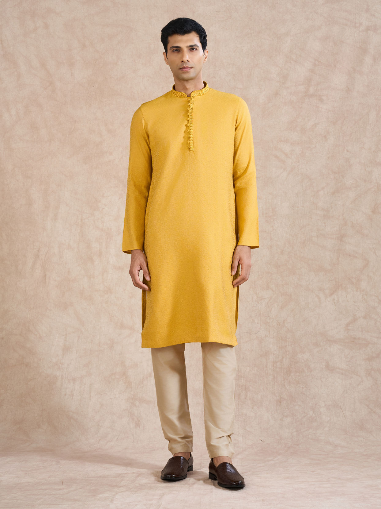 Manyavar Men Mustard Blended Viscose Kurta Pajama