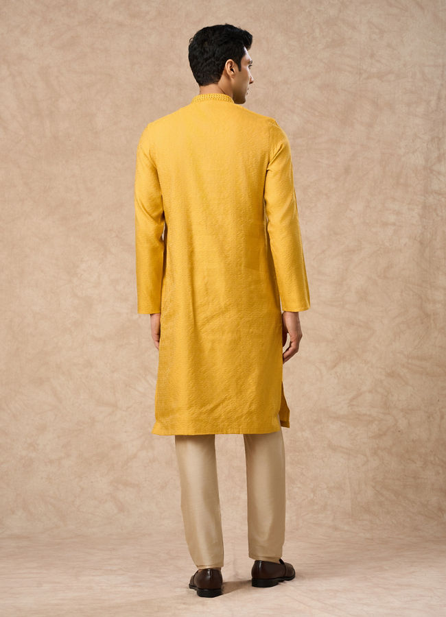 Manyavar Men Mustard Blended Viscose Kurta Pajama