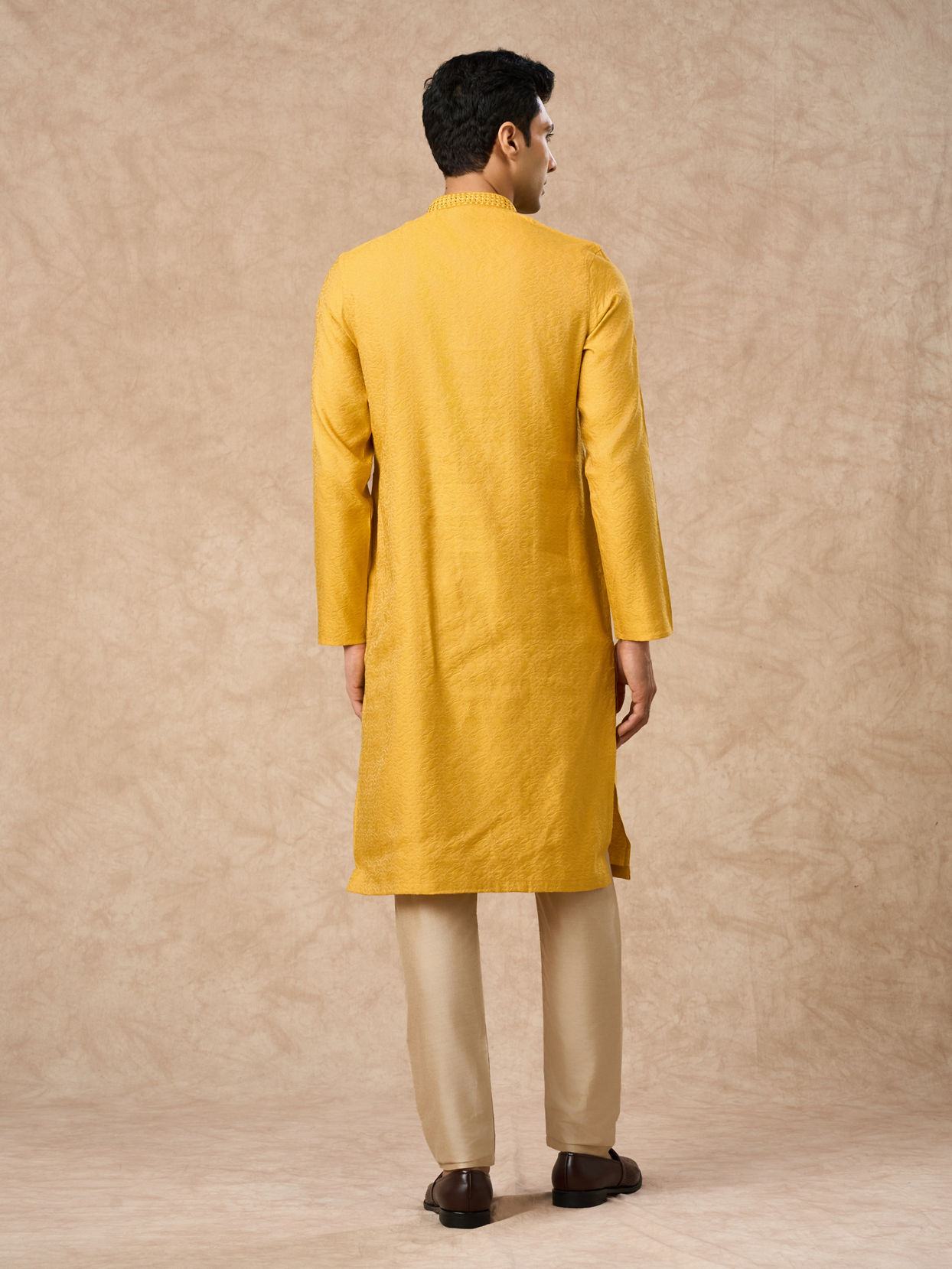 Manyavar Men Mustard Blended Viscose Kurta Pajama