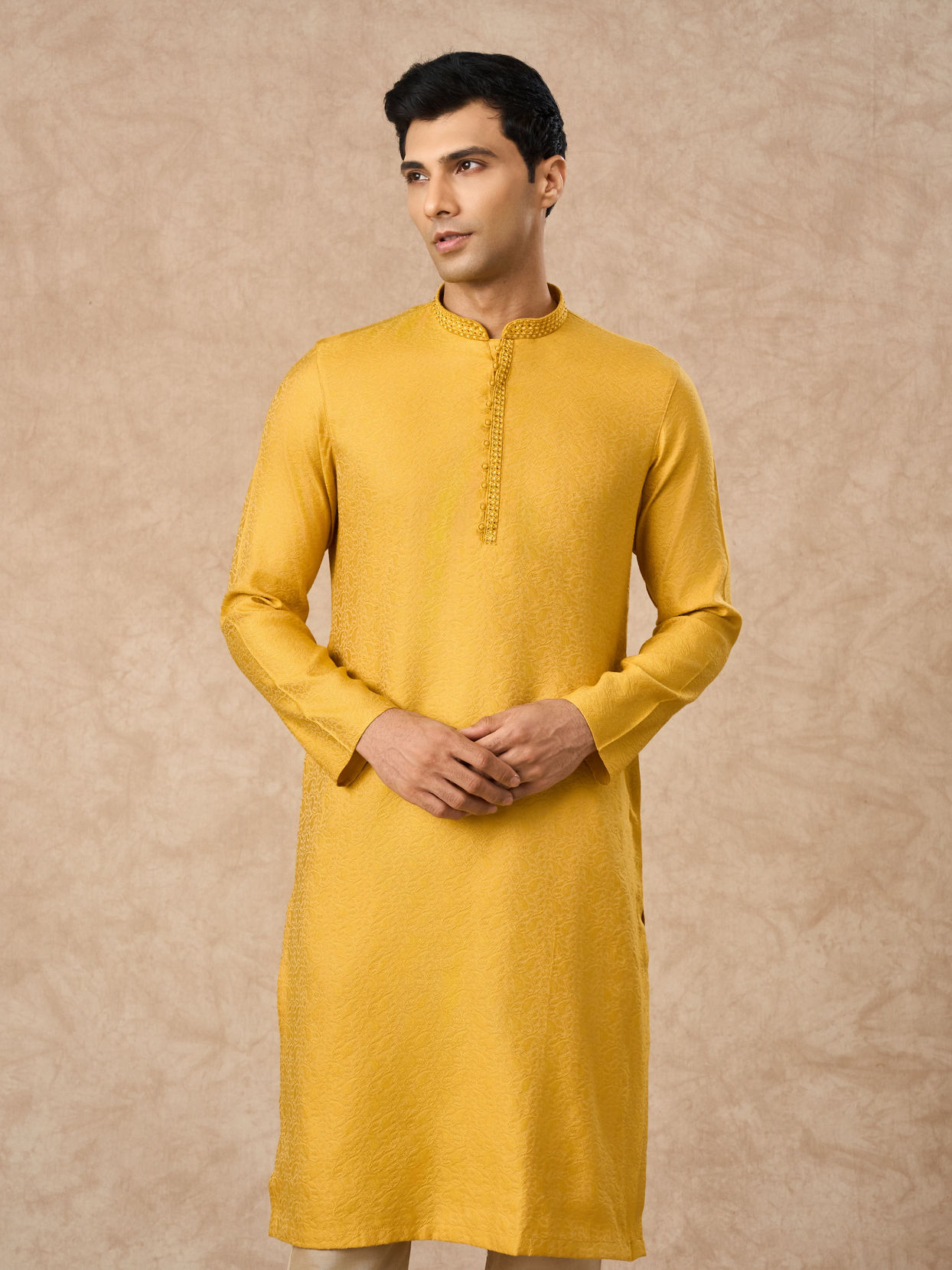 Manyavar Men Mustard Blended Viscose Kurta Pajama