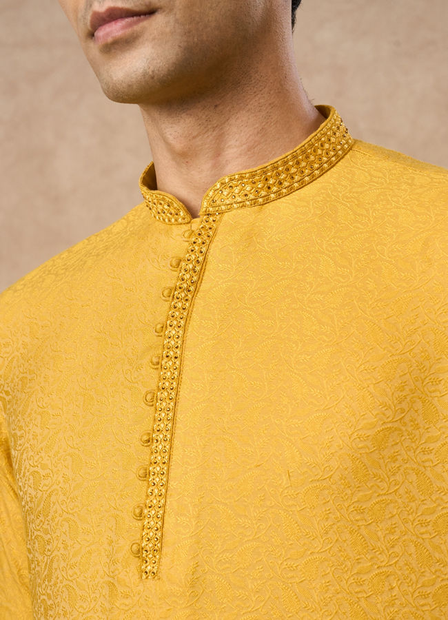 Manyavar Men Mustard Blended Viscose Kurta Pajama