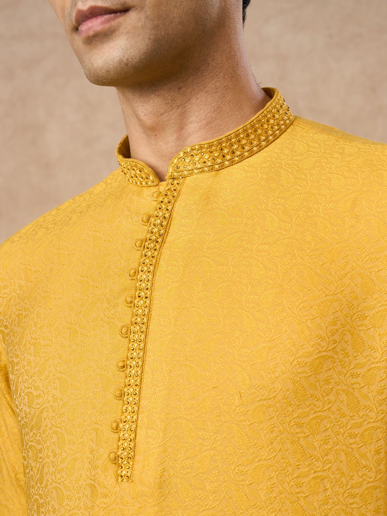 Manyavar Men Mustard Blended Viscose Kurta Pajama