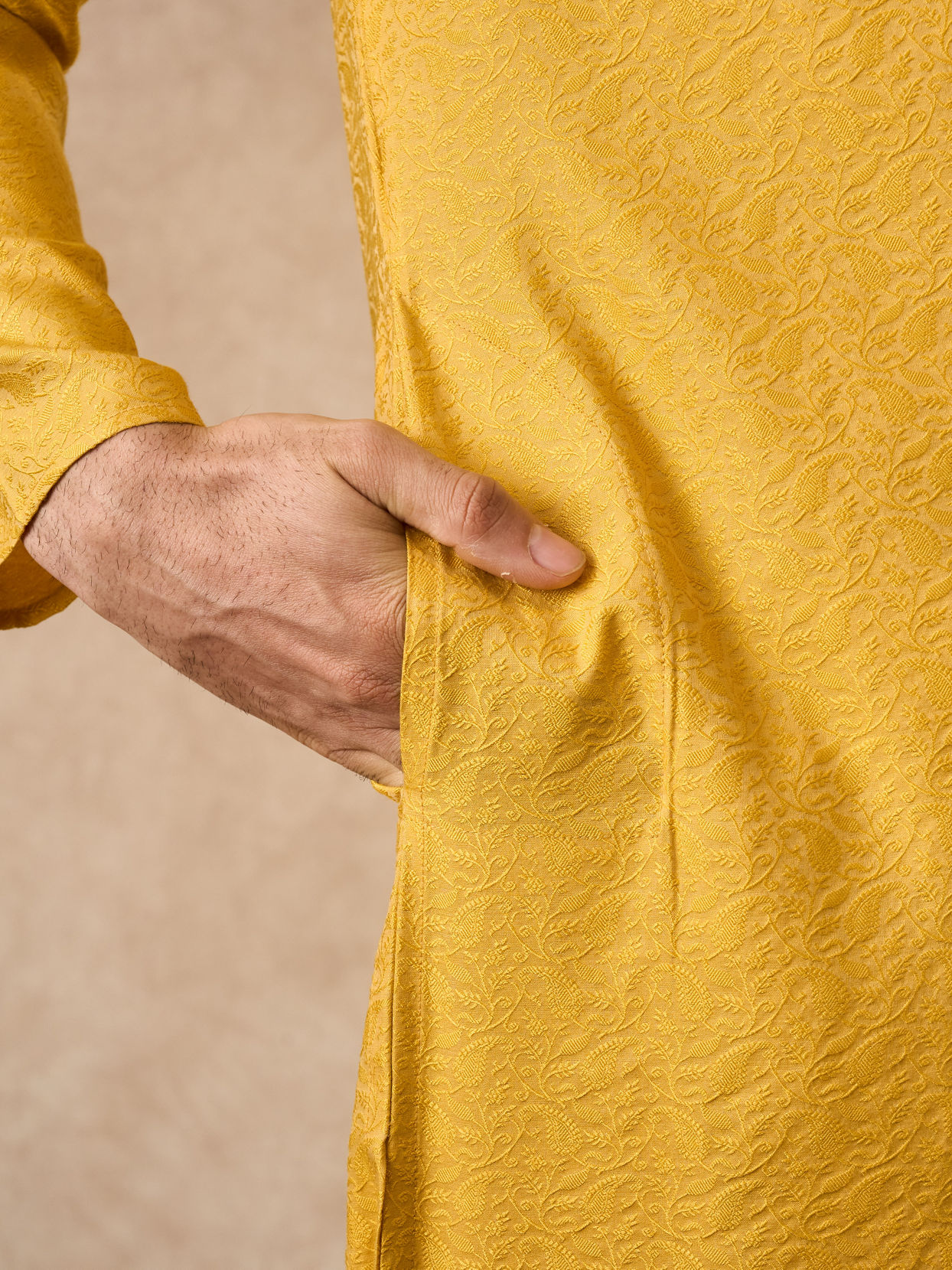 Manyavar Men Mustard Blended Viscose Kurta Pajama