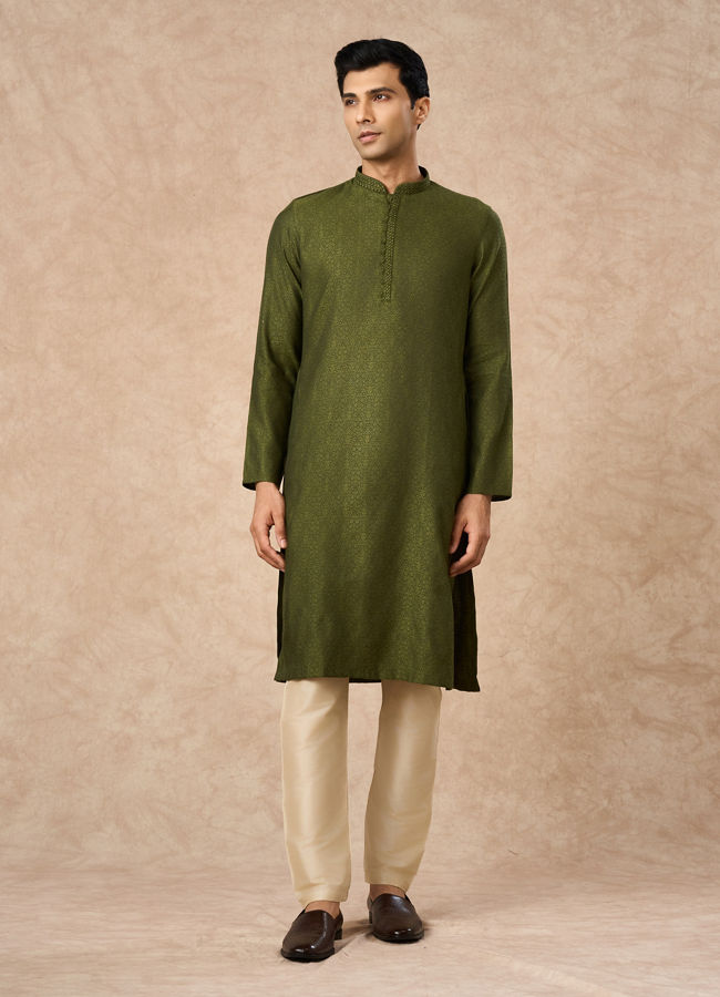Manyavar Men Olive Green Blended Viscose Kurta Pajama
