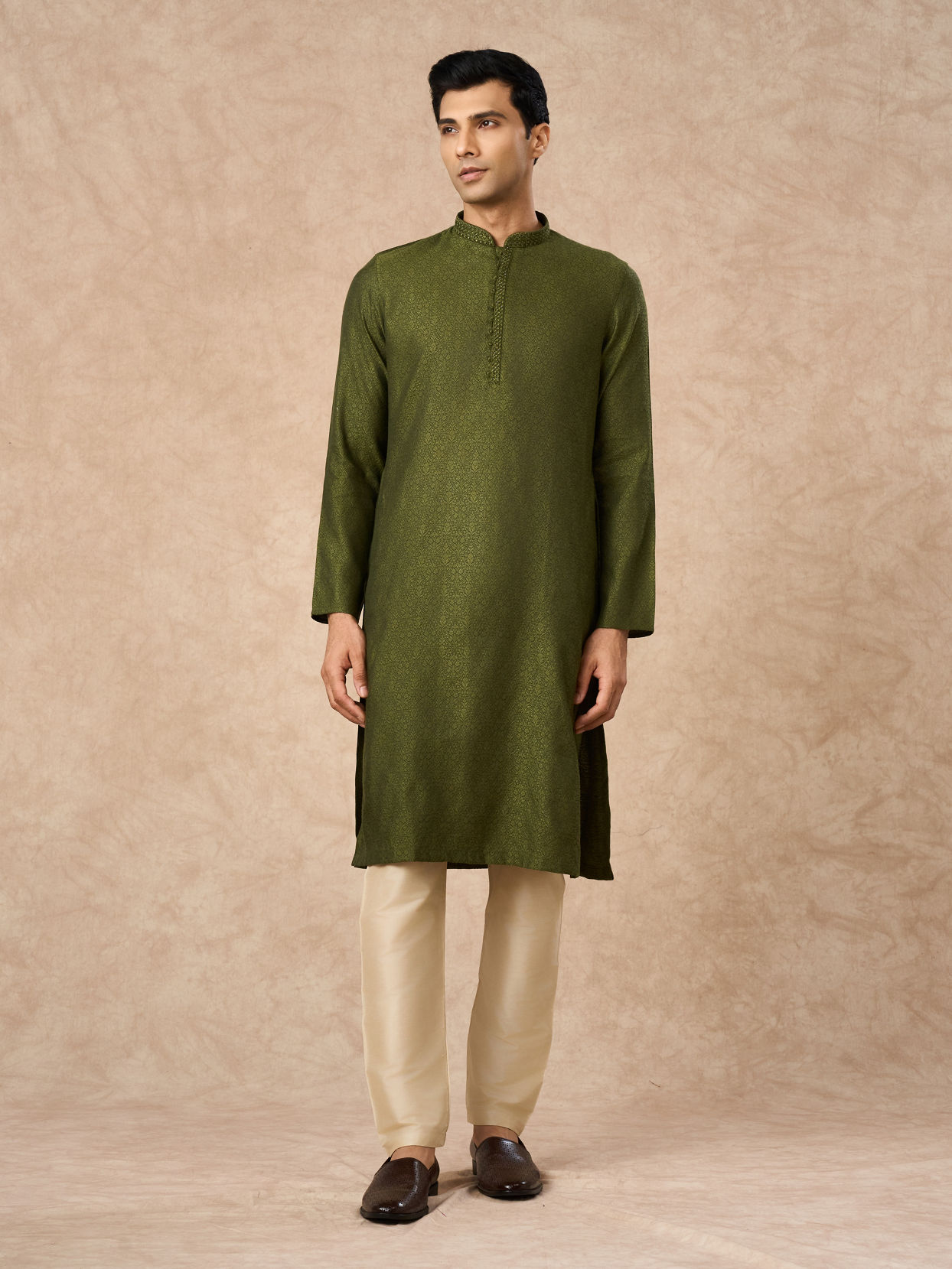 Manyavar Men Olive Green Blended Viscose Kurta Pajama
