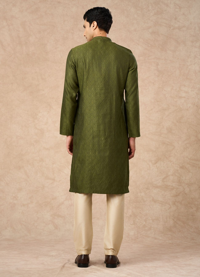 Manyavar Men Olive Green Blended Viscose Kurta Pajama
