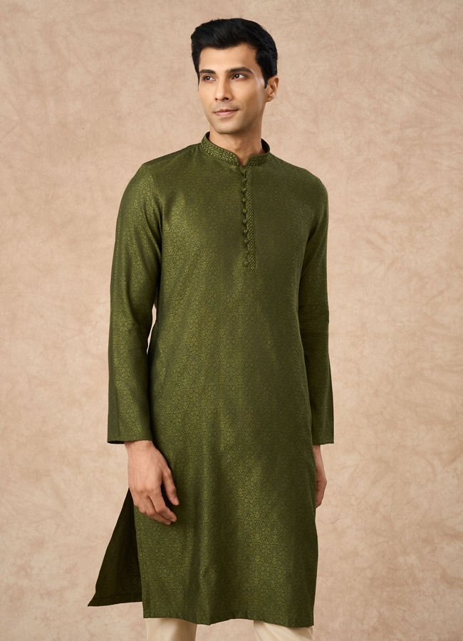 Manyavar Men Olive Green Blended Viscose Kurta Pajama