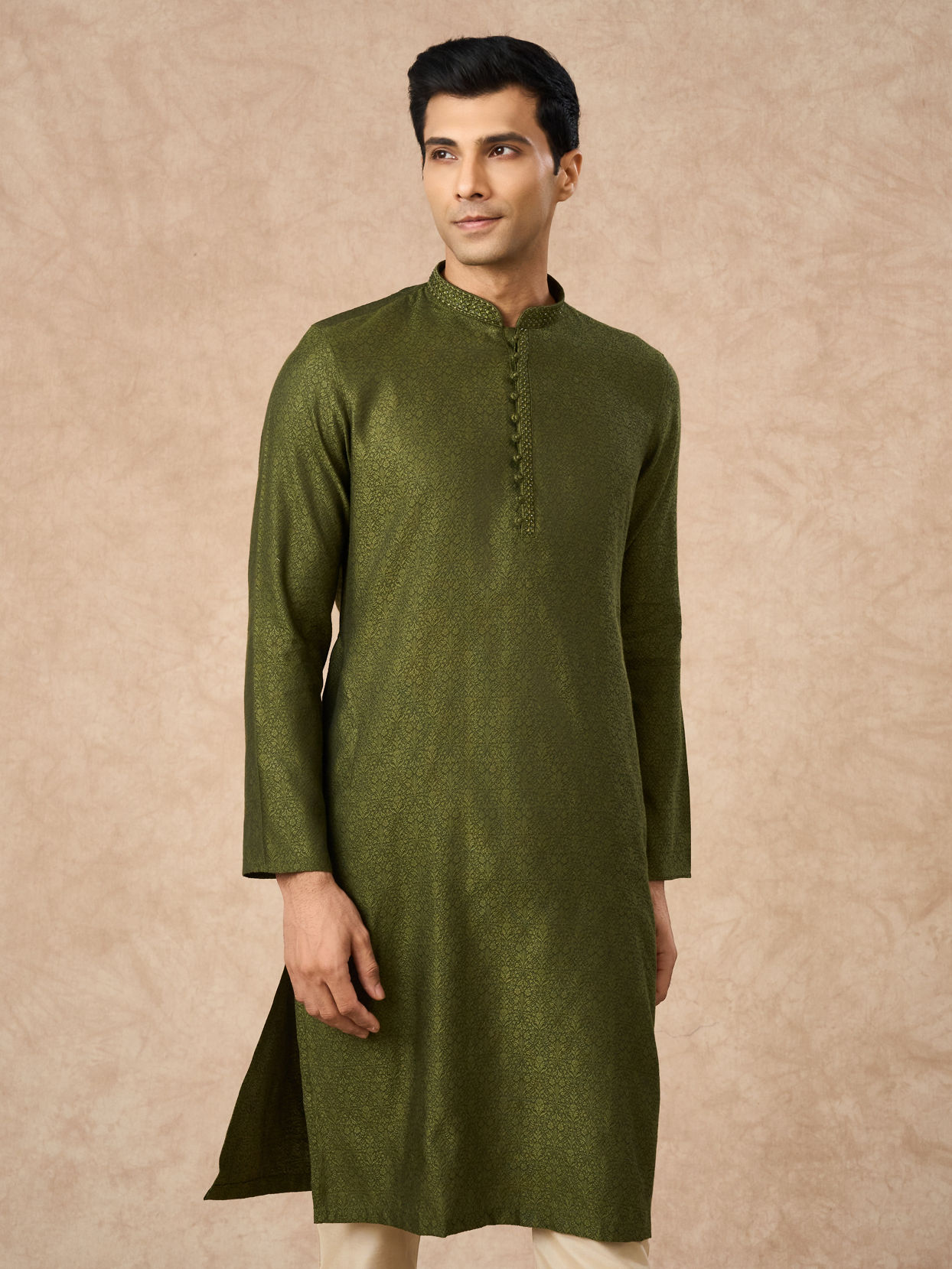 Manyavar Men Olive Green Blended Viscose Kurta Pajama