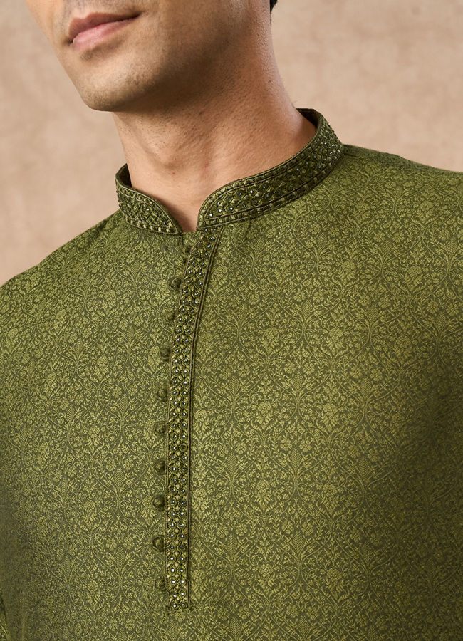 Manyavar Men Olive Green Blended Viscose Kurta Pajama