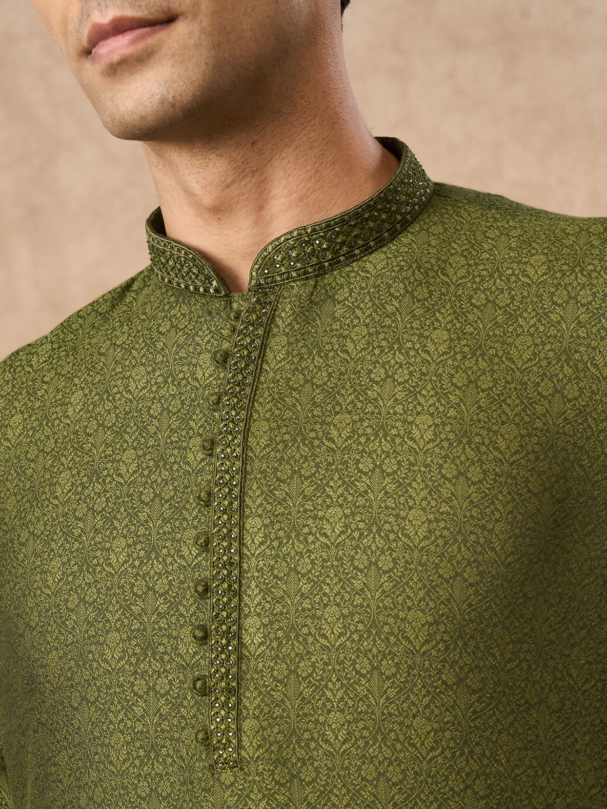 Manyavar Men Olive Green Blended Viscose Kurta Pajama