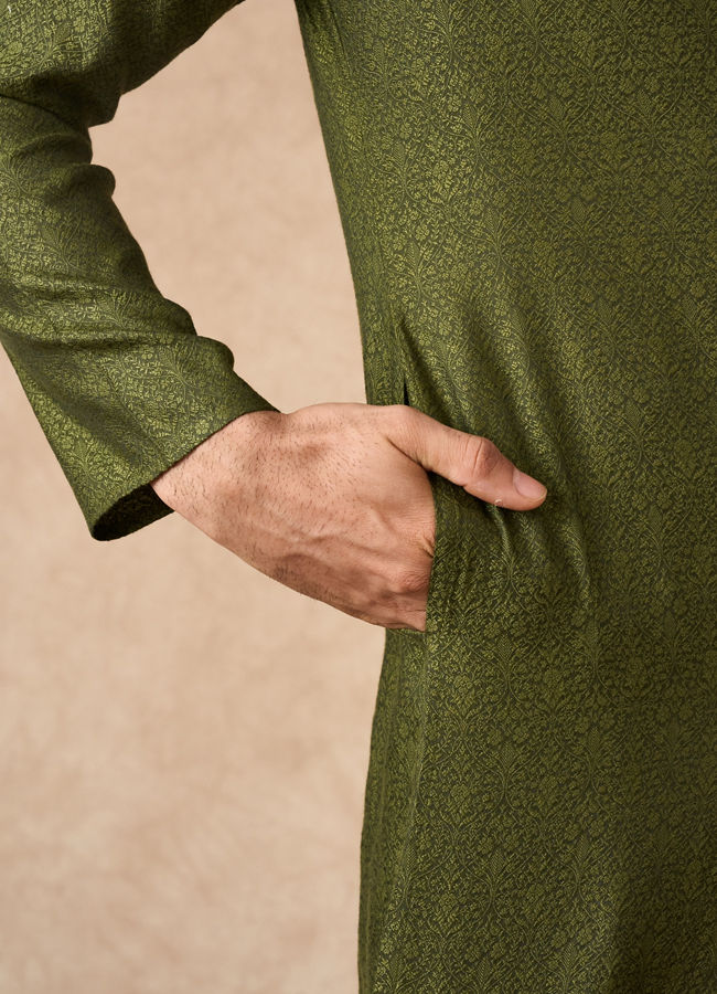 Manyavar Men Olive Green Blended Viscose Kurta Pajama